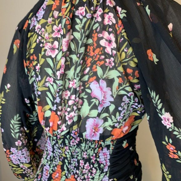 Free People Black Floral Blouse Smocked V Neck NWT - Picture 2 of 9